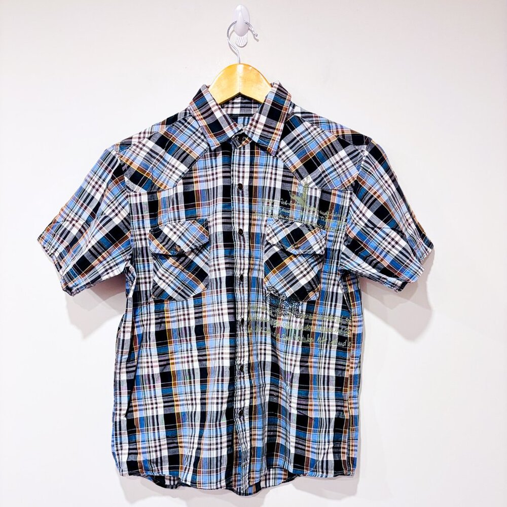 FOR HIM H.K. Brown and blue plaid short-sleeve shirt | Casual | Large‎ Boy
